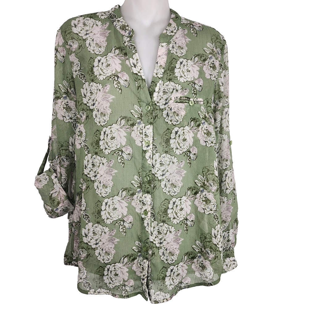 Kut from the Kloth Women's Jasmine Chiffon Button Up Shirt Green Floral Small